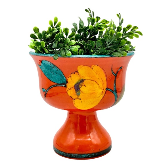 Italian Art Pottery Compote Planter Atomic Orange Pedestal Bowl Vase MCM Italy